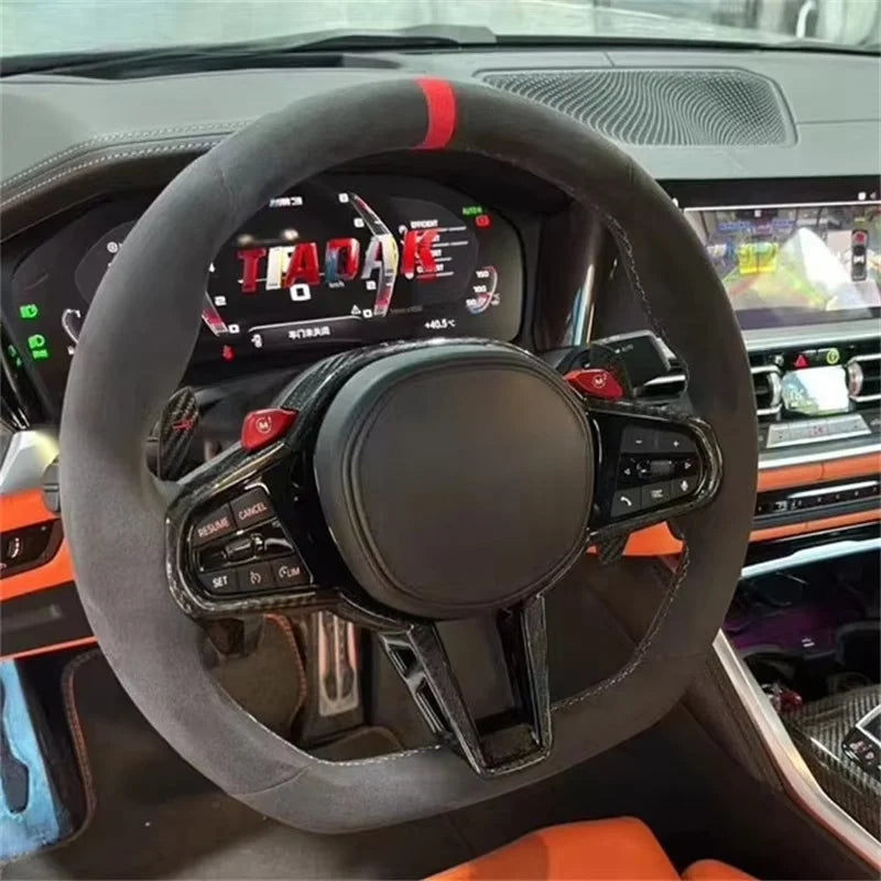 Carbon Fiber Suede Leather Flat Bottom Steering Wheel for BMW 5 6 7 8 Series Upgraded Compatible with 320i M6 M5