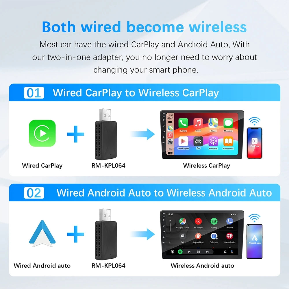 Wireless Carplay Adapter Android Auto Wireless Smart Dongle 2 in 1